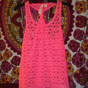 HOT pink swim suit cover, lace with flower